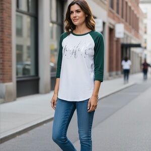 State of Mine Small “JOYFUL” Graphic Tee T-Shirt S Raglan White Green Pullover